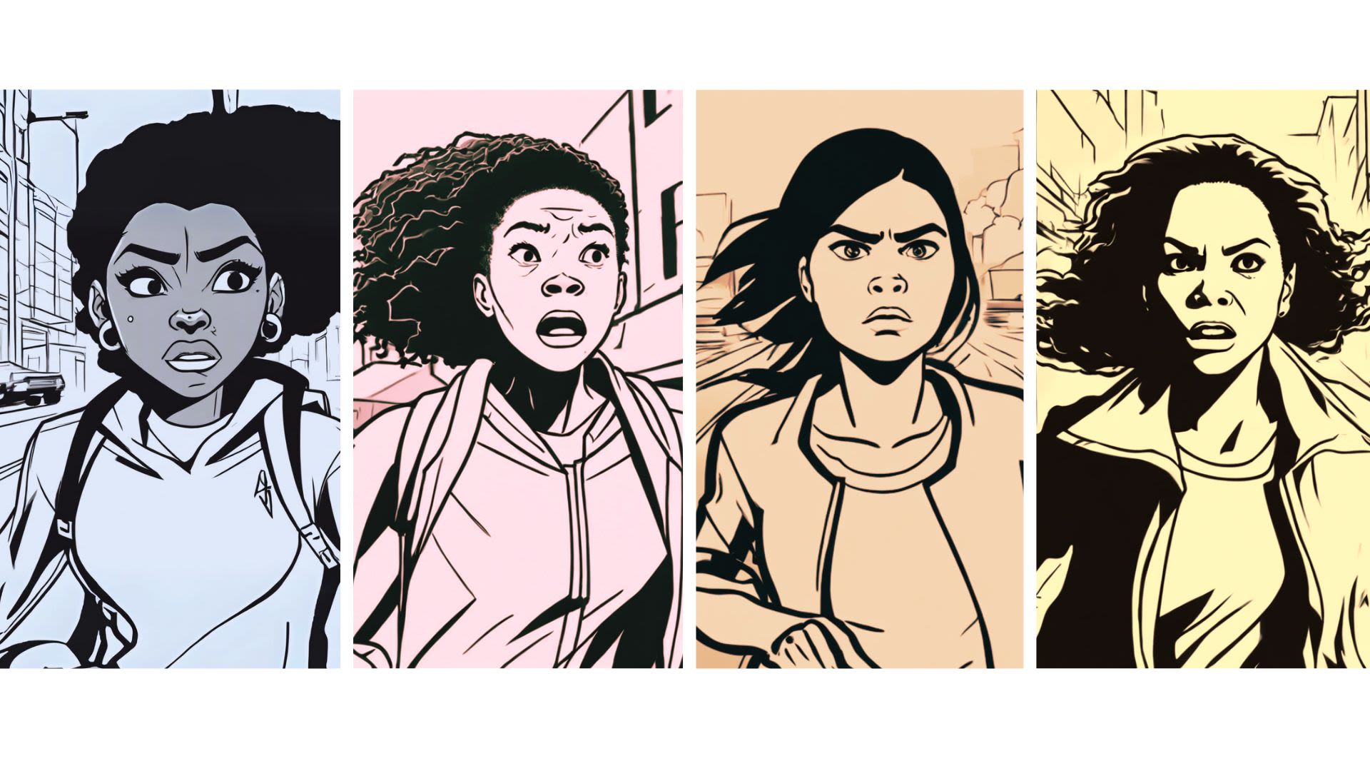 4 illustrated images of girls and women running in fright. 