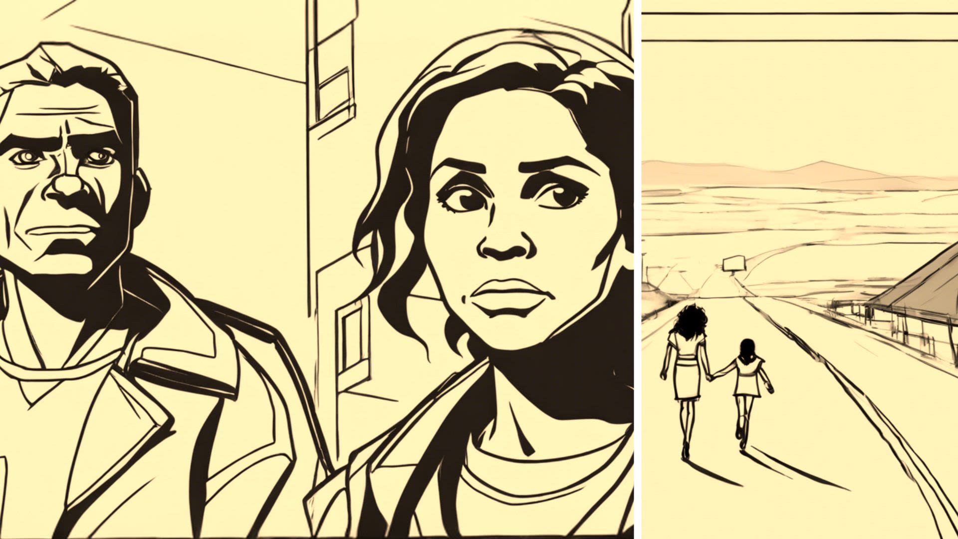 Three illustrated images. The first, a young Black girl sitting on the floor. The second, the same girl wearing a baseball cap in a convenience store. The third, the same girl smoking in her bed.