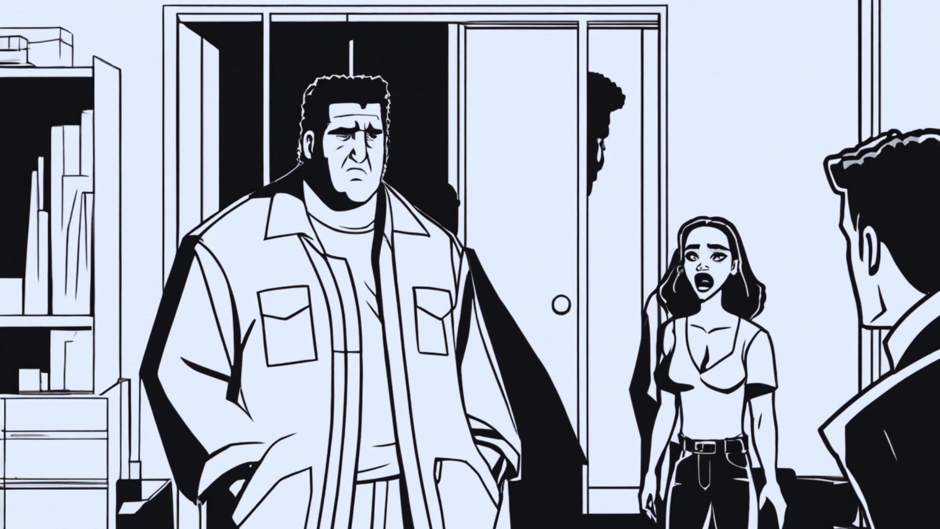 A large white man standing in front of a young Black girl, introducing her to a man.