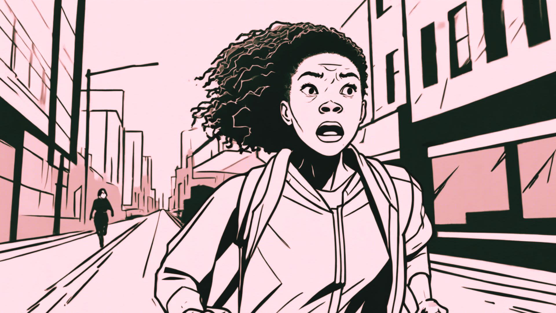 Young Black girl running down the street in fright.