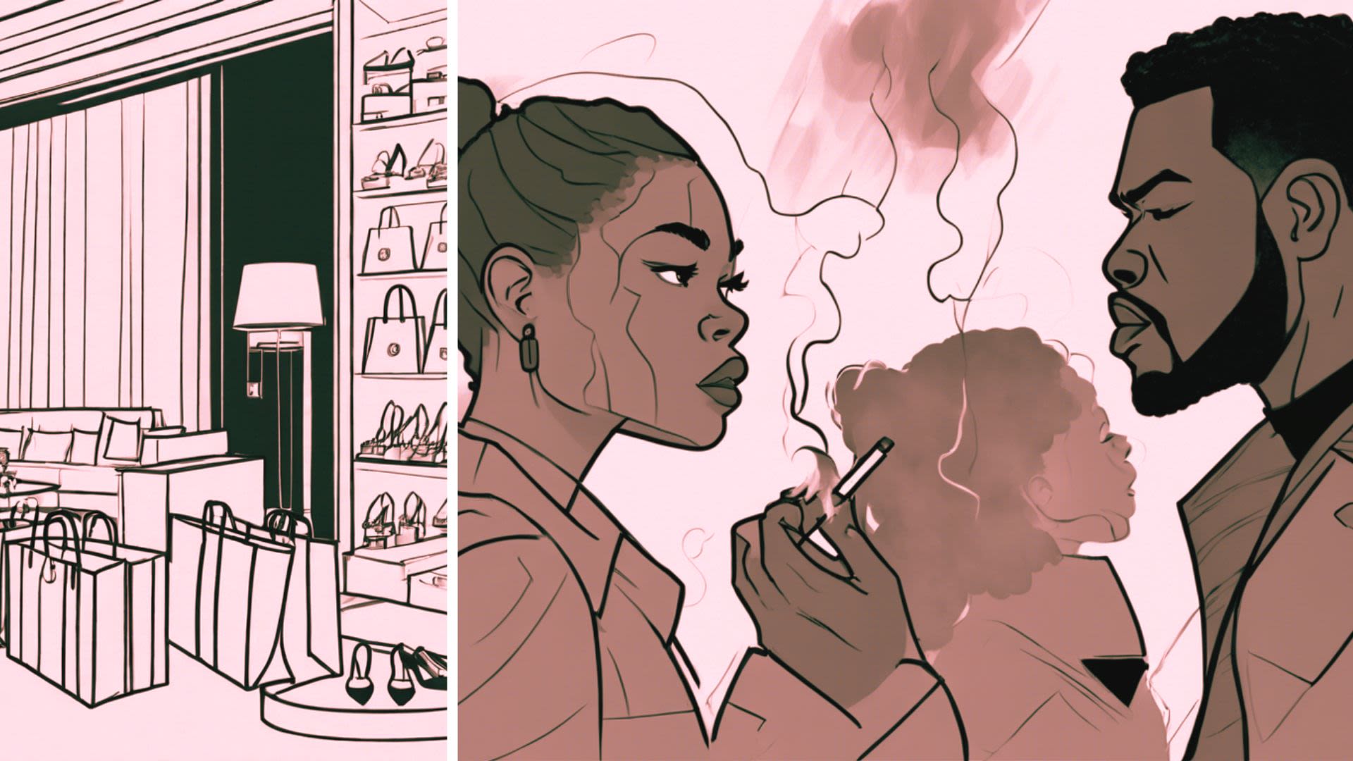 Three illustrated images. The first, a young Black girl sitting on the floor. The second, the same girl wearing a baseball cap in a convenience store. The third, the same girl smoking in her bed.