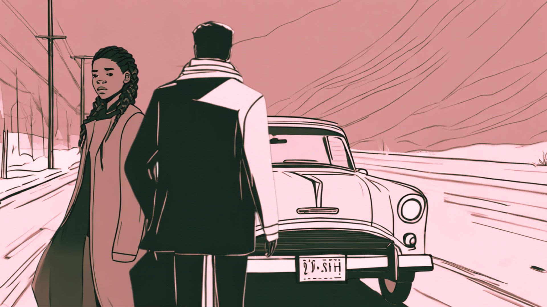 A large white man standing in front of a young Black girl, introducing her to a man.